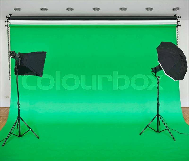 Empty Green Studio Backdrop with Softboxes, stock photo