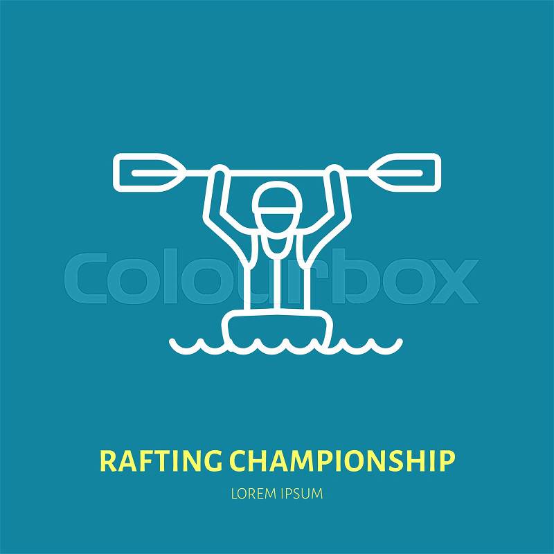 Rafting, kayaking flat line icon. Vector illustration of water sport - happy rafter with paddle in river boat. Linear sign, summer recreation pictograms for paddling gear store, vector