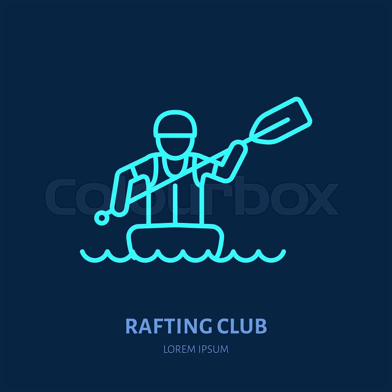 Rafting, kayaking flat line icon. Vector illustration of water sport - rafter with paddle in river raft. Linear sign, summer recreation pictogram for paddling gear store, vector