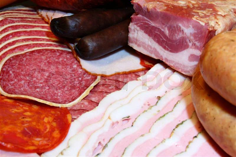 Meat Delicacies, Ham, Sausage, Salami, Hot dogs, Small sausages, stock photo