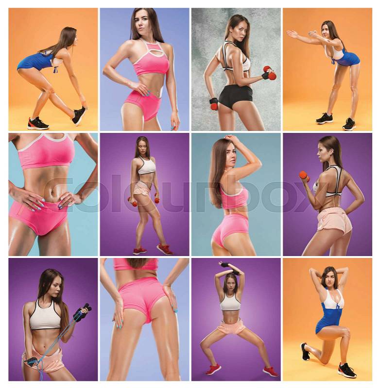 Muscular young woman athlete posing at studio on orange background. Collage, stock photo