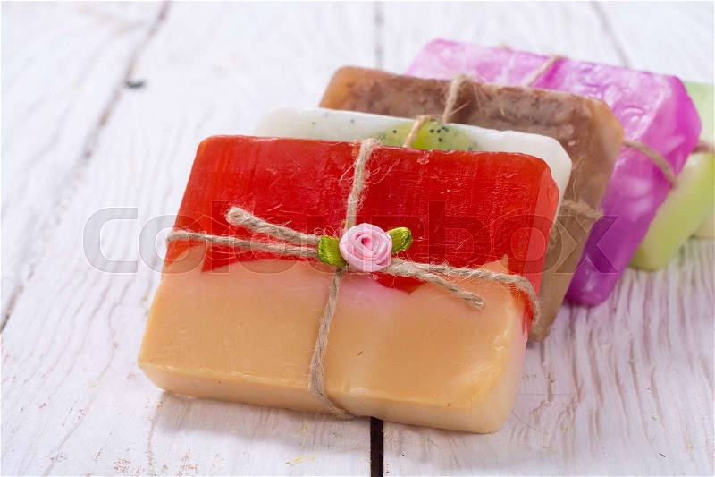 Set of colorful fruit handmade soap , stock photo