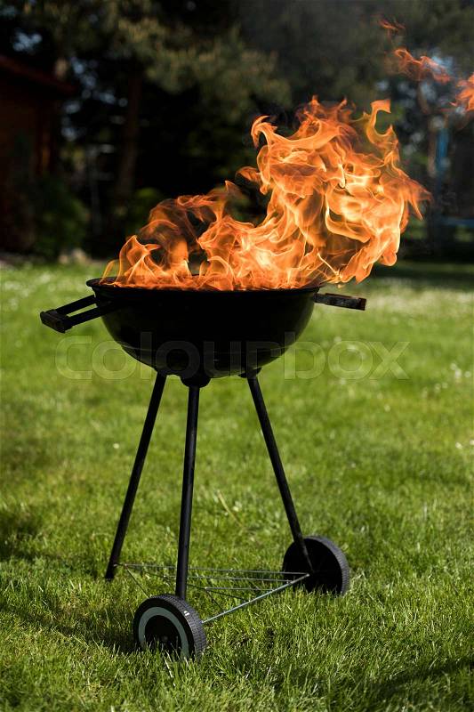 Barbecue grill with fire on nature, outdoor, close up, stock photo
