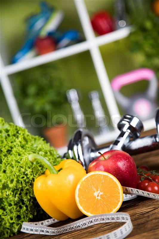 Fresh food and measure tape,Sport diet, stock photo