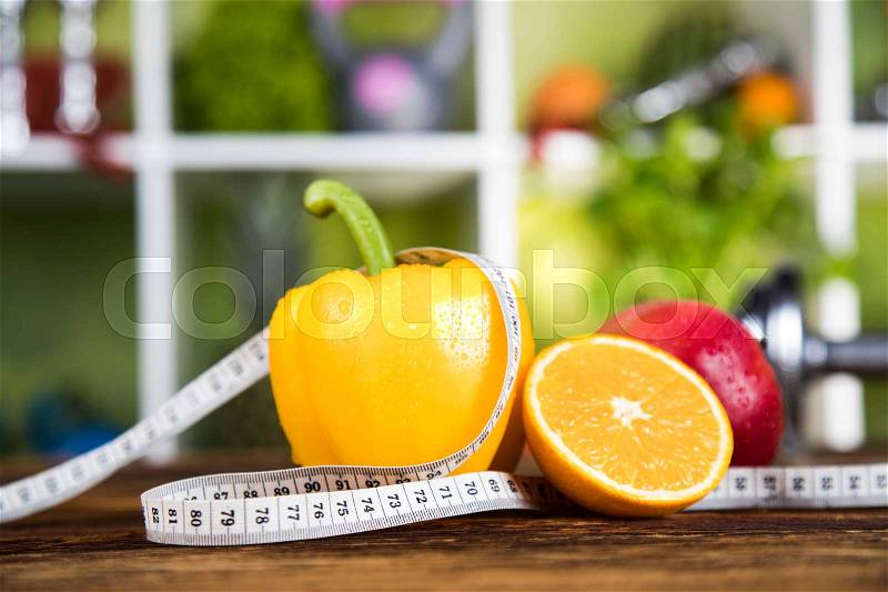 Fresh food and measure tape,Sport diet, stock photo