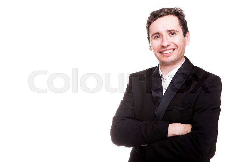 Confident smiling businessman in formal wear isolated over white background in studio photo, stock photo
