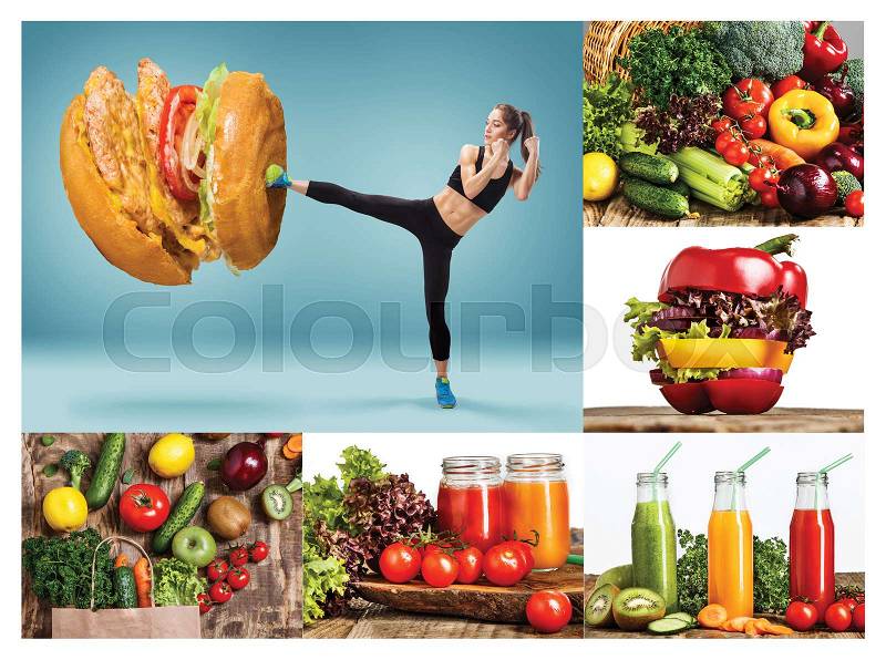 Fit young woman fighting off bad food on a blue background. Concept of diet and healthy lifestile, stock photo