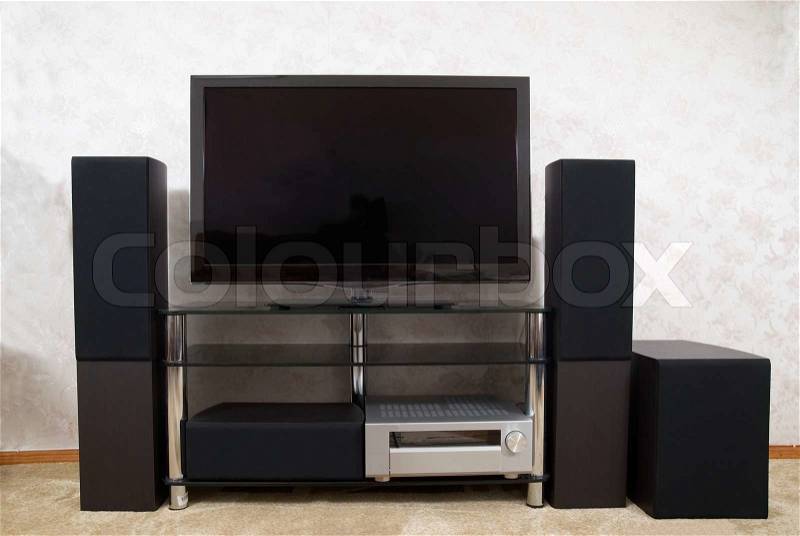 Home theater with plasma tv and hi-fi acustics, stock photo