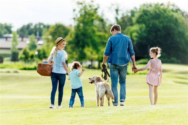 Back view of happy young family with pet walking on green meadow at park, stock photo