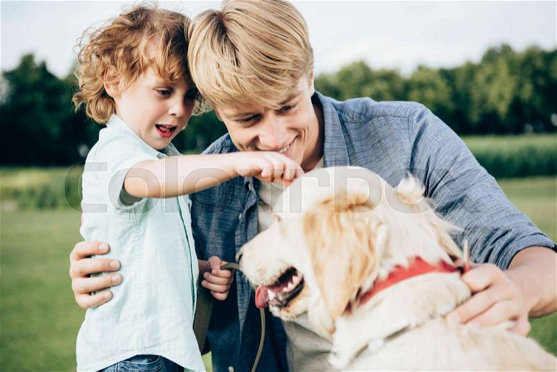 Happy father and son playing with golden retriever dog in park, stock photo