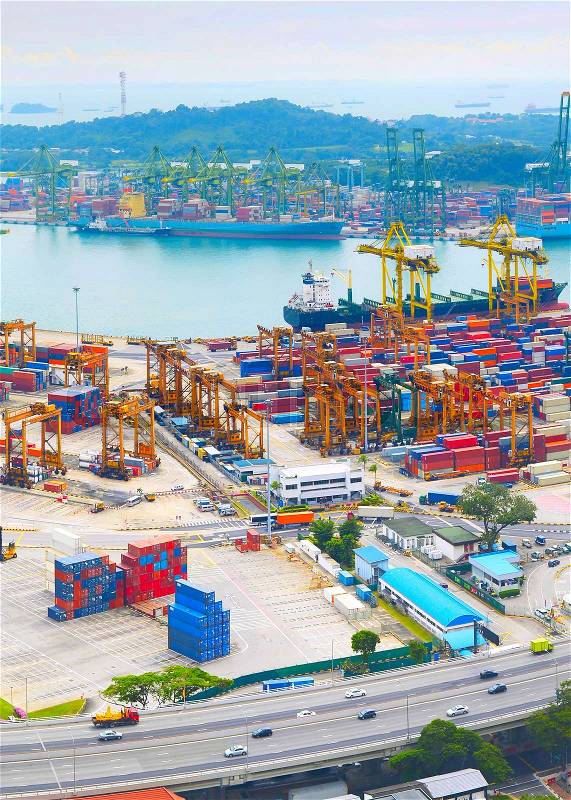 View from abive on Singapore commercial port and highway, stock photo
