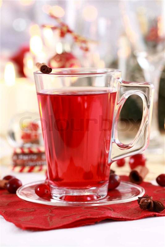 Hot wine cranberry punch for winter and Christmas, stock photo