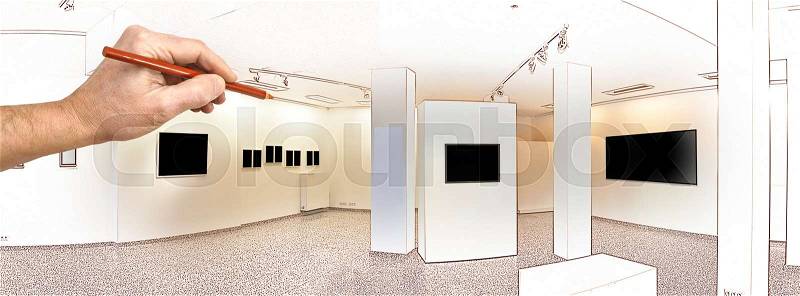 Drawing and planned exhibition gallery, wall mounted art with museum style lighting, the art has been removed and replaced. There are path for the frame, stock photo