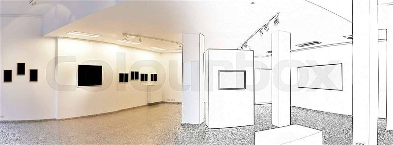Drawing and planned exhibition gallery, wall mounted art with museum style lighting, the art has been removed and replaced. There are path for the frame, stock photo
