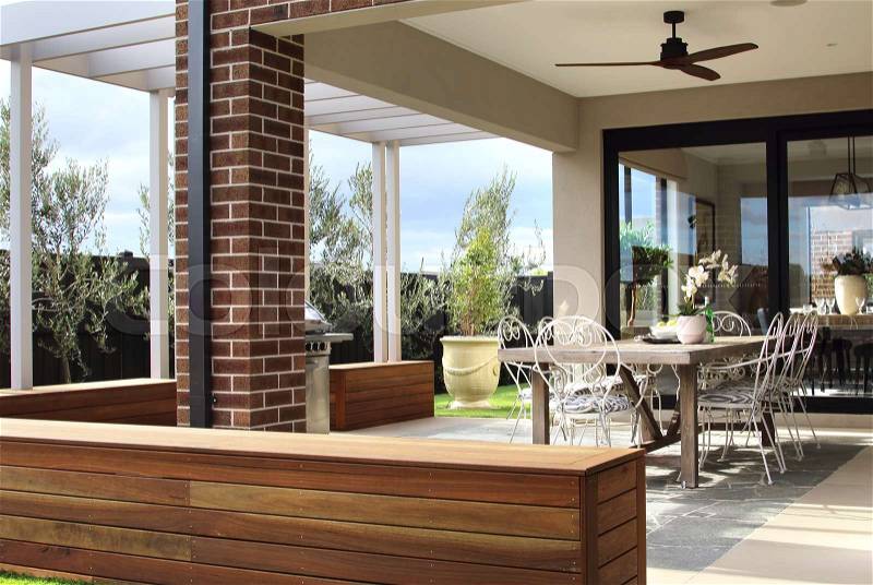 Backyard extension of the home useful outdoor room, stock photo