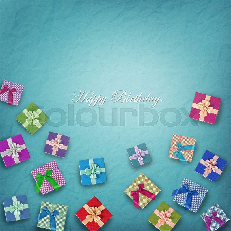 Happy birth day and beautiful gift box on blue color background with empty space for your text or message, stock photo