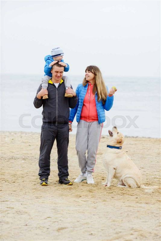family walking near the sea with dog, stock photo
