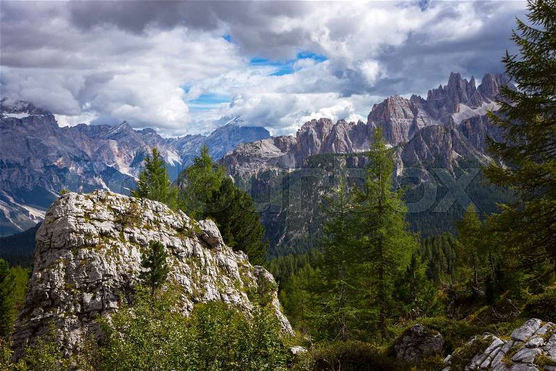 Beautiful mountain landscape around the Cinque Torri. Dolomites, Italy , stock photo