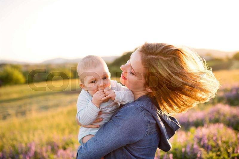 Beautiful young mother holding her little baby son in the arms outdoors in nature in lavender field, stock photo