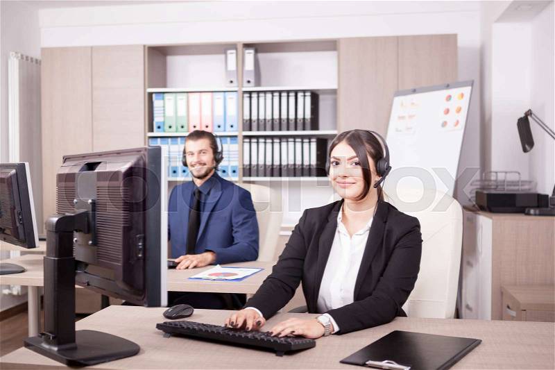 Customer support line woman worker. Help desk and support, stock photo