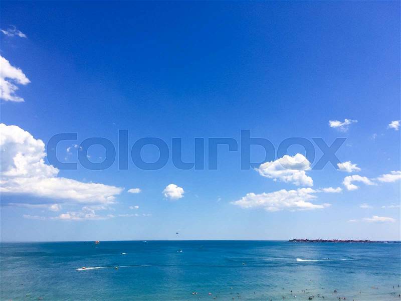 Blue Summer Sky with White Clouds ans Sea Background, stock photo