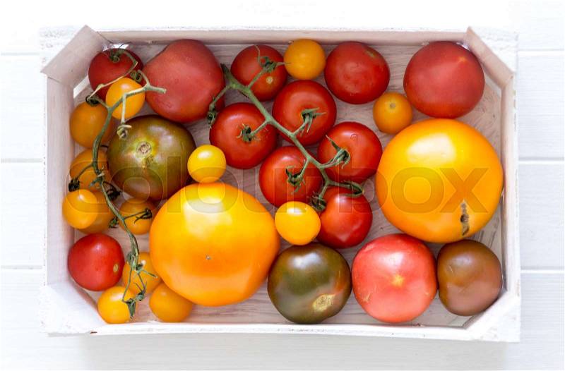 Variety of kinds of tomato in a box on a white wooden background, stock photo