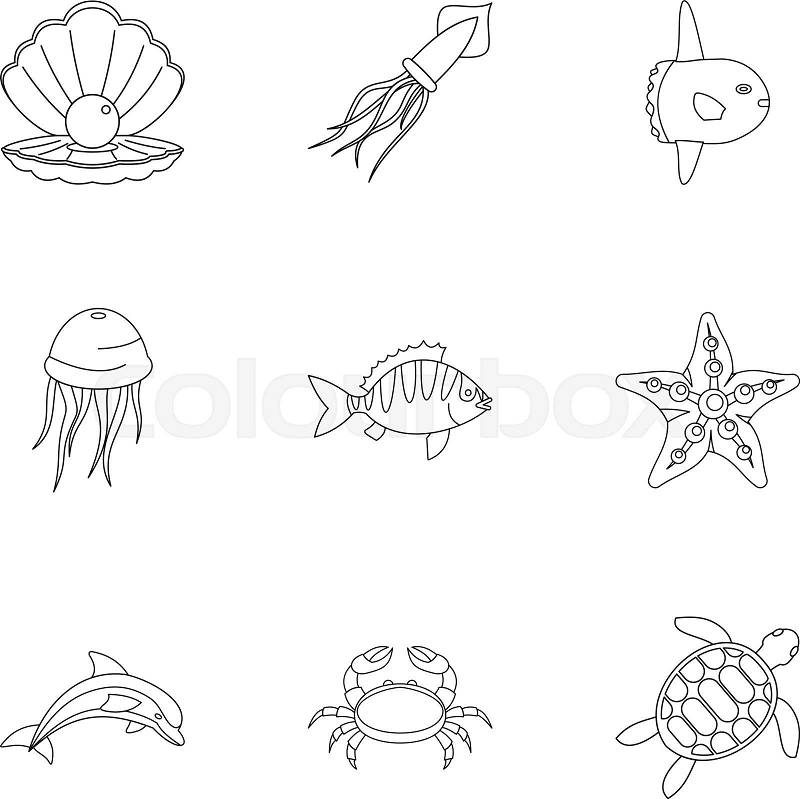 Underwater animal stickers icons set. Outline set of 9 underwater animal stickers vector icons for web isolated on white background, vector
