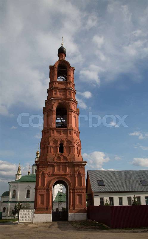 Bell tower red bricks orthodox architecture blue sky summer, stock photo