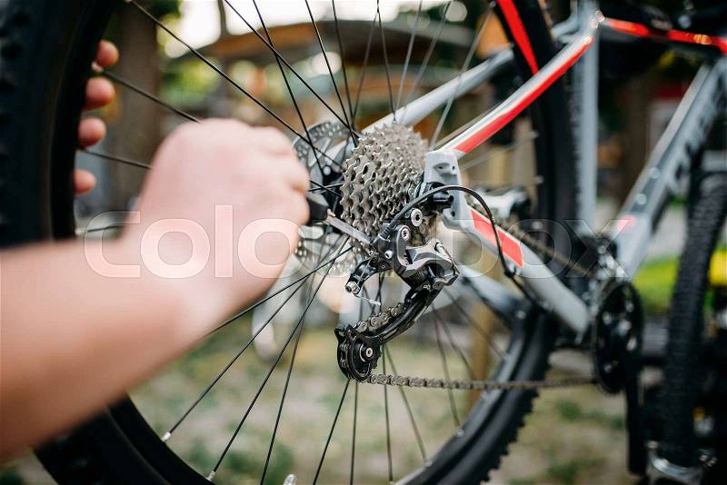 Bicycle mechanic repair bike, cycle workshop outdoor. Serviceman work with wheel and speed shifter, stock photo