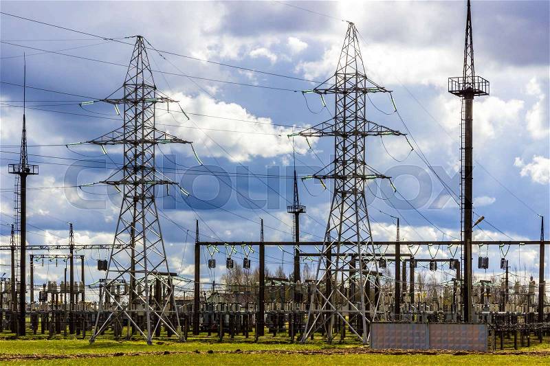 High voltage power tower, lines transmission, stock photo
