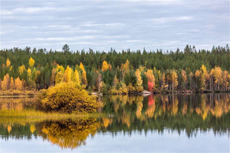 Landscape with colorful autumn forest, lake and reflection, Finland, stock photo
