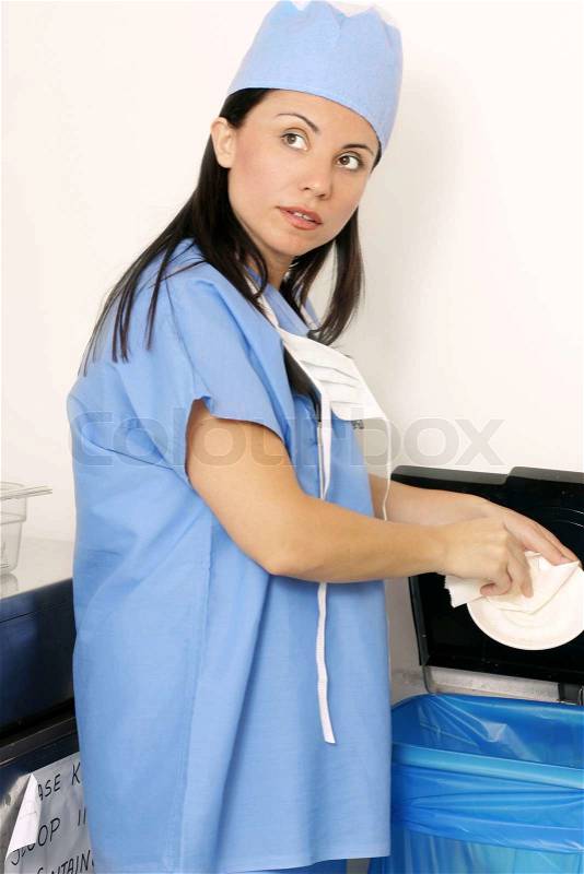 Hospital worker in the staff room, stock photo