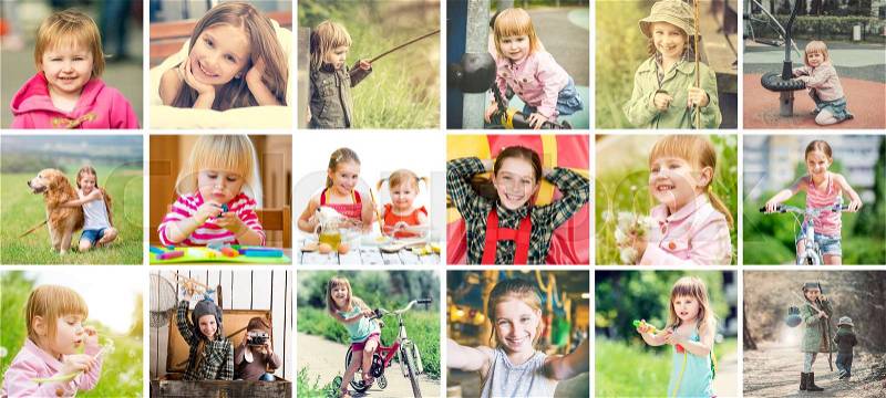 Lovely small stylish kids, girls all outdoors being active and enjoying nature, collage, stock photo