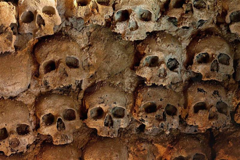Wall full of skulls and bones, stock photo