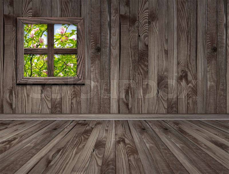 Empty room interior and magnolia tree outside the window. Copy space, stock photo