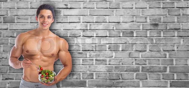 Eating food salad bodybuilding bodybuilder copyspace body builder building muscles muscular young man copy space, stock photo