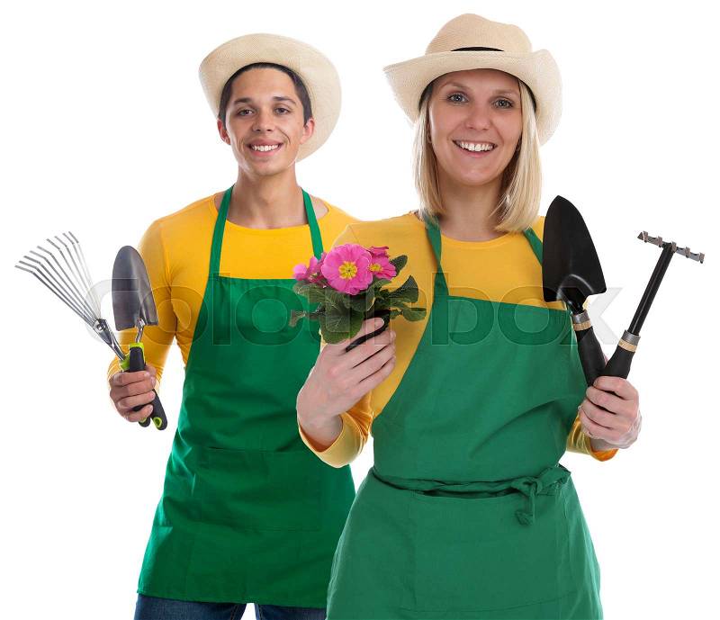 Gardener gardner team flower gardening garden tools occupation job isolated on a white background, stock photo