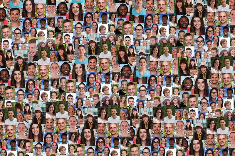 Young people background collage large group of smiling faces social media, stock photo