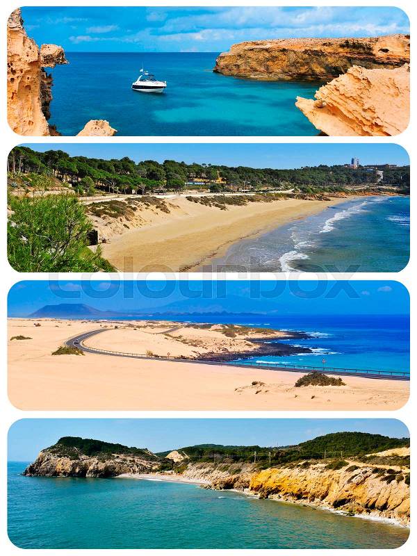 A collage of different beaches of different places of Spain, such as Formentera, Salou, Fuerteventura or Sitges, stock photo