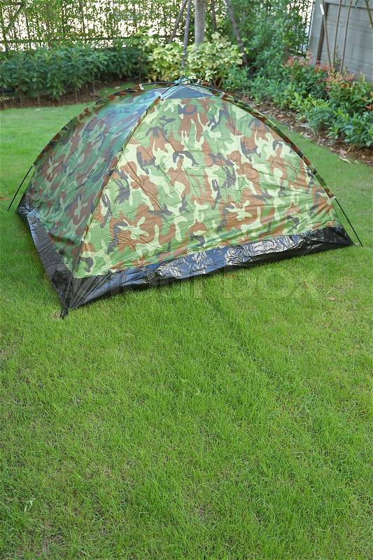 Tent camping wild camouflage style, design of backyard in green grass garden field, stock photo