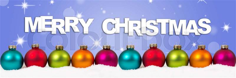 Merry Christmas colorful balls banner decoration stars background text, stock photo