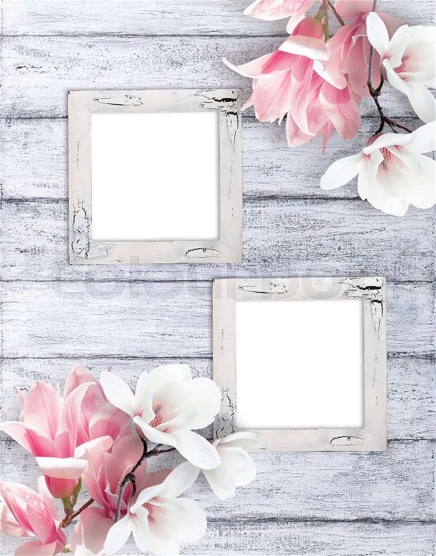 Two retro empty photo frames with magnolia flowers on background of shabby wooden planks in rustic style, stock photo