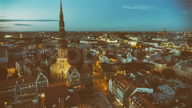 Amazing sunset aerial view of Riga skyline, Latvia, stock photo