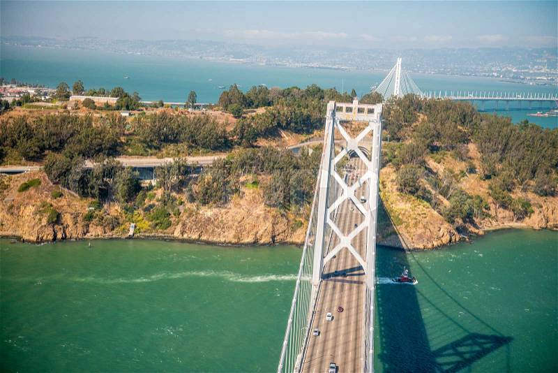 Overhead view of Bay Bridge in San Francisco from helicopter, CA, stock photo