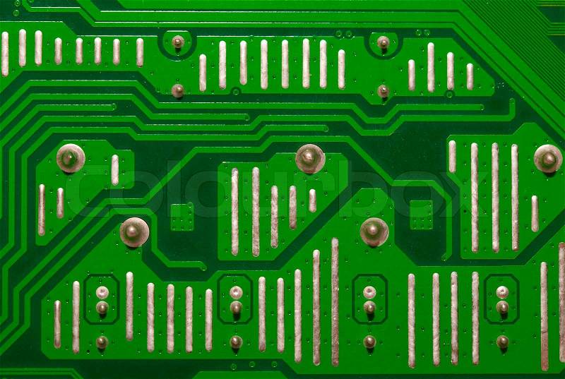 Close up of computer circuit green board, stock photo