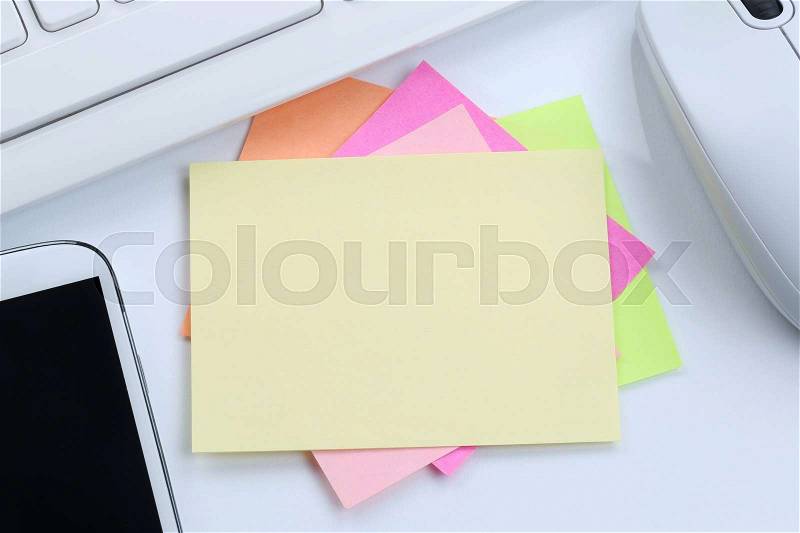 Empty blank note paper notepaper notes copyspace copy space information message desk computer keyboard, stock photo