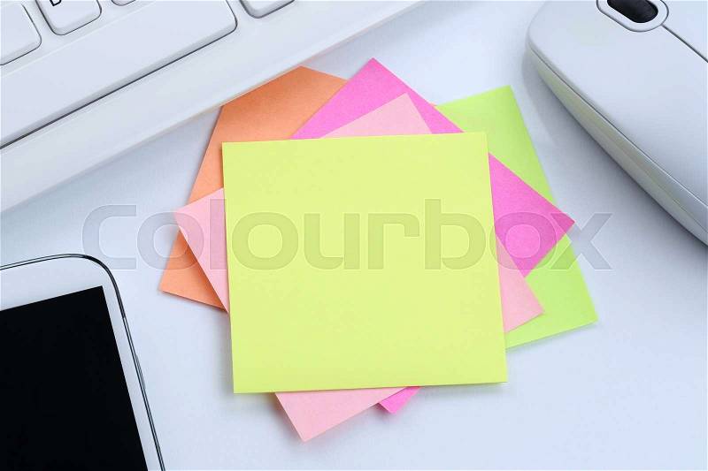Empty blank note paper notepaper notes business concept copyspace copy space information message desk computer keyboard, stock photo
