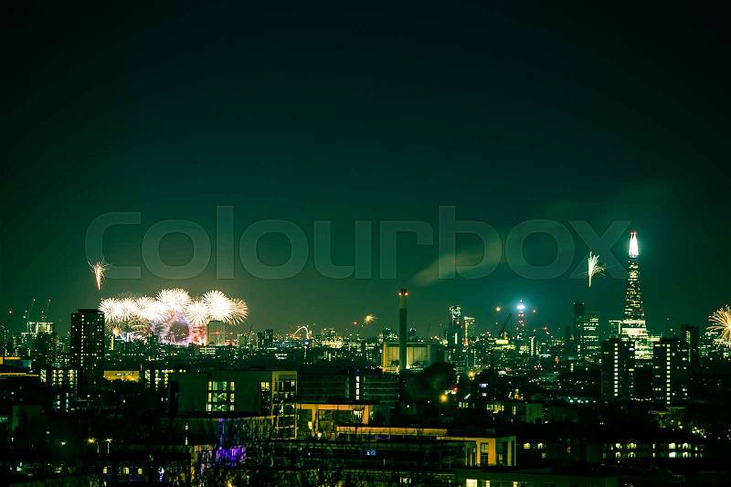Beautiful fireworks above London. New Years Eve, view from Greenwich Point Hill, stock photo