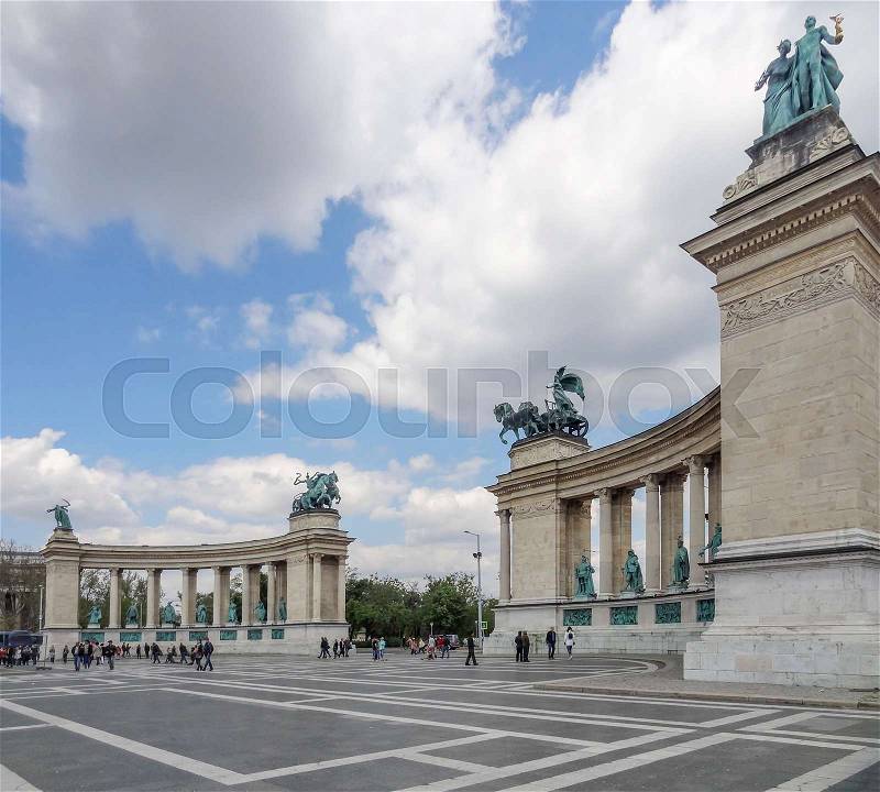 Scenery around the Heroes square in Budapest, the capital city of Hungary, stock photo
