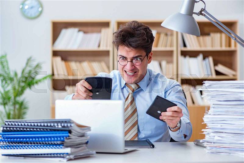 Funny accountant bookkeeper working in the office, stock photo